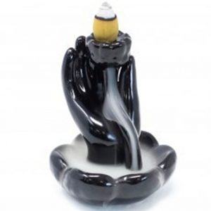 Rückfluss Weihrauchbrenner / Räucherkegelhalter – Hand mit Lotusblüte